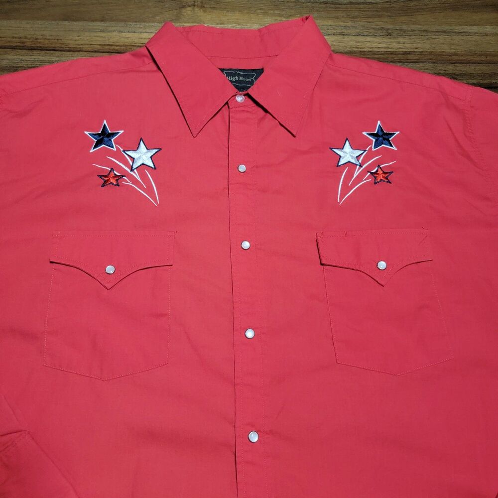 High Noon Full Pearl Snap LS Western Shirt Red w/ Embroidered Stars - Size XL